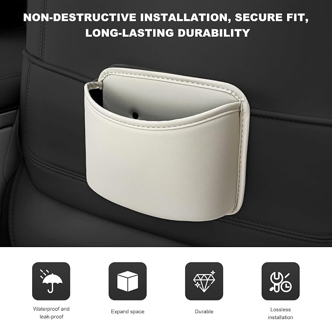 Car Trash Can, Clip On Garbage Organizer Multifunctional Car Door Hanging Container, Waterproof Leather Trash Bin Universal Interior Storage Box for Vehicle Home Office (Beige)