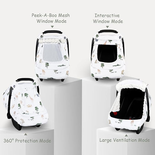 Winter Car Seat Cover Baby with Sunshade & Dual Zipper Windows - Minky Bubble Lined Windproof Soft Shell, Warm Newborn Car Seat Canopy Covers, Elastic Bottom for Stroller & Infant Car Seat, Animal