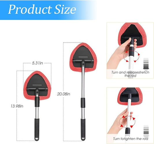 Windshield Cleaning Tool, Car Window Cleaner with Extendable Long Handle and 4 Washable Reusable Microfiber Pads, Auto Interior Exterior Glass Wiper Cleaning Kit Universal for Office and Home (Red)