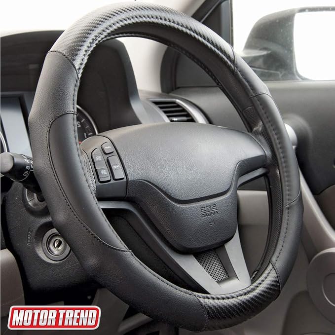 Motor Trend GripDrive Carbon Fiber Steering Wheel Cover, Non-Slip Sporty Racing Faux Leather Ergonomic Comfortable Handle, Steering Wheel Cover for Cars Trucks Vans SUV - Fits Standard 15 Inch - Black