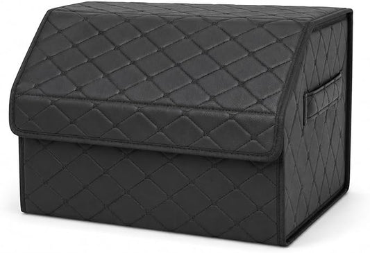 Leather Car Trunk Organizer with Lid,65L Foldable Storage Box for Universal Cars, SUVs, Sedans and MPVs, Removable Divider, Carry Handles, Black