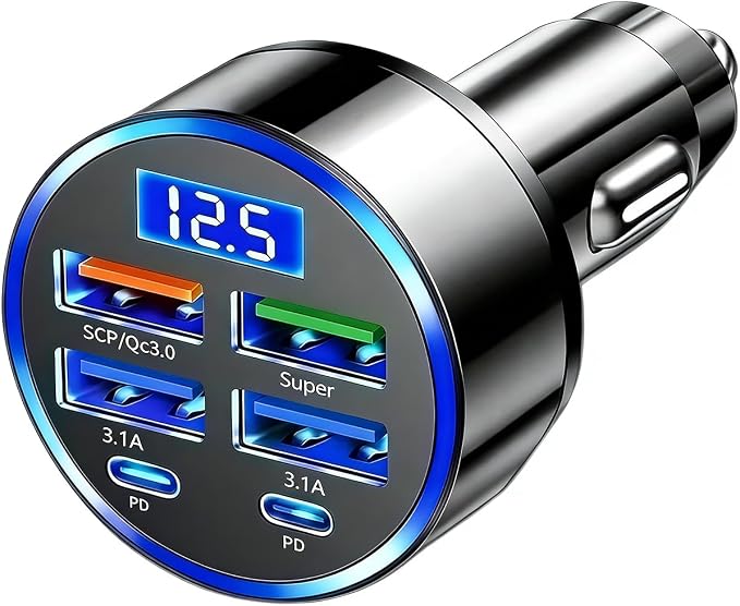 USB C Car Charger Adapter with Voltmeter Compatible with iPhone 16 15 14 13 12 11, Android, Samsung, Super+ QC3.0 6 in 1 Multi-Port Super Fast Charging Cigarette Lighter USB Charger