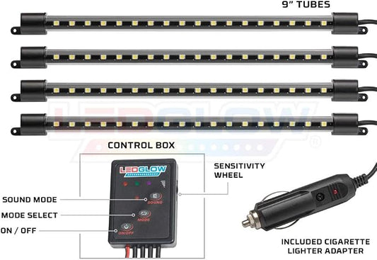 LEDGlow 4pc Purple LED Interior Footwell Underdash Neon Lighting Kit for Cars & Trucks - 7 Unique Patterns - Music Mode - 8 Brightness Levels - Auto Illumination - Includes Cigarette Power Adapter