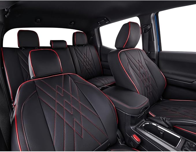 EKR Custom Fit Tacoma Rear Car Seat Covers for Toyota Tacoma 2016 2017 2018 2019 2020 2021 2022 2023 Access Cab - Second Row Only,Faux Leather(Black with Red Trim)