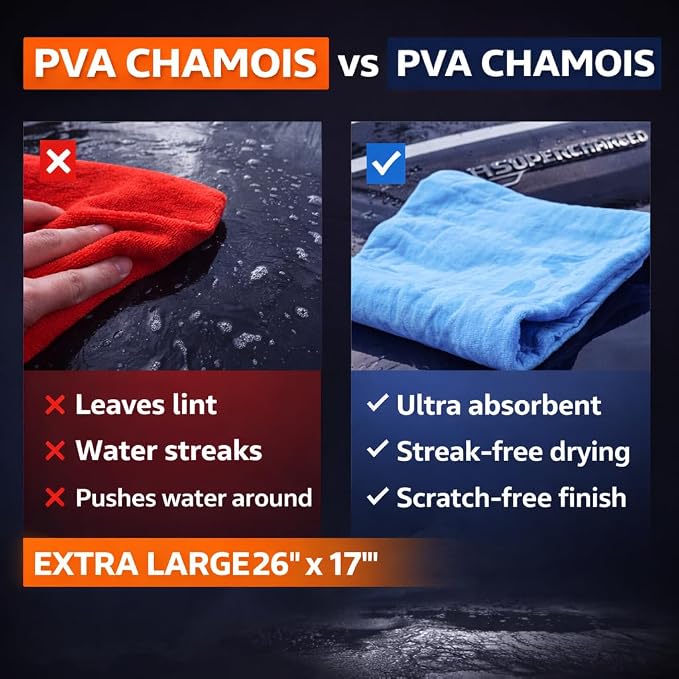 R.A. Car Drying Chamois 2-Pack (26x17in) - Ultra-Absorbent PVA Microfiber Towels for Cars - Streak-Free, Scratch-Resistant Cleaning with Storage Case - Essential Car Wash Kit Accessory