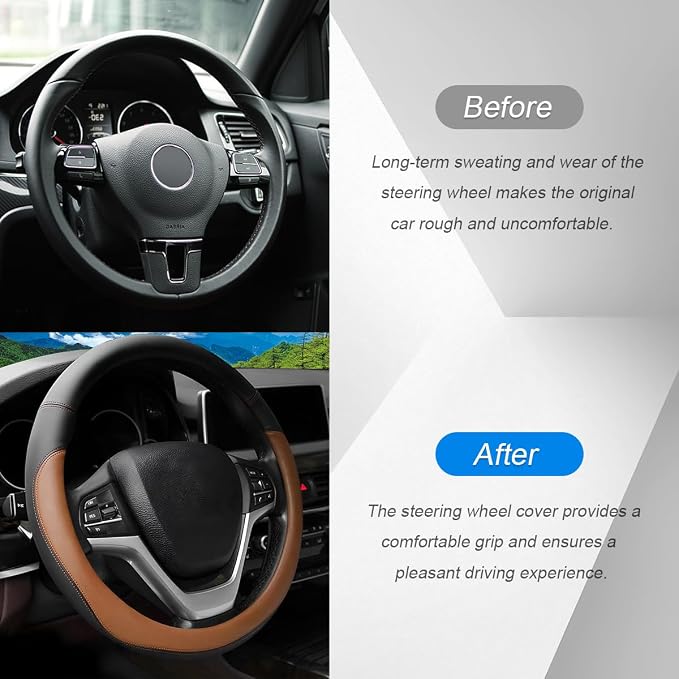 Car Steering Wheel Cover, 14.5"-15" Leather Anti-Slip Sporty Vehicle Steering Wheel Protector, Soft Breathable Auto Interior Decoration Accessories, Universal for SUV Truck Sedan (Coffee)