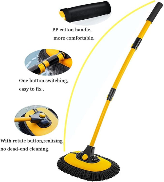 BMLEI Car Wash Brush with Long Handle, Chenille Microfiber Mop Mitt with 1 Replacement Head, Wheel Brush Extension Pole Cleaning Kit & Towels for Cars & Trucks - 5PCS