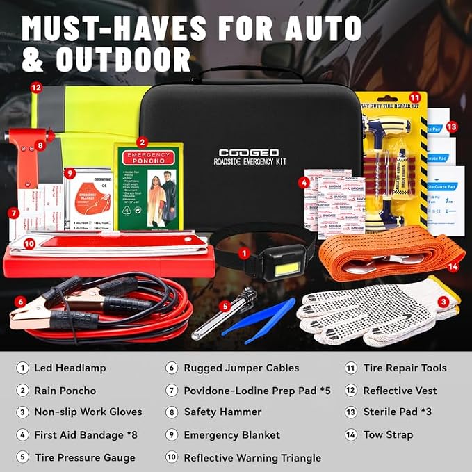 15PC Car Emergency Kit with Jumper Cables, Roadside Assistance Safety Kit for Auto & Truck, Includes Safety Hammers, Tow Strap, Warning Triangle, First Aid, Gifts for Young Men or Women, Black