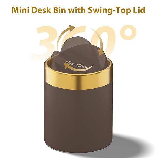 Countertop Trash Can with Lid for Desk Top,0.4 Gallon Stainless Steel Mini Trash Can for Desk、Car、Office、Kitchen,Swing Top Trash Bin with a Roll of Trash Bag(Brown)