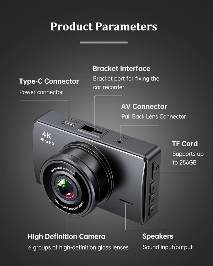 Dash Cam Front and Rear, Dash Camera for Cars 4K+1080, Dashcam Built-in WiFi, APP Control, 32GB Card Included, 3" IPS Touch Screen, 24H Parking Monitor, Night Vision, G-Sensor