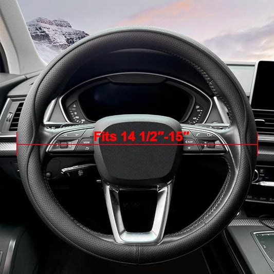 HAOTULE Leather Steering Wheel Cover, with Anti-Slip Stripe Design - Enhanced Grip, Fashion Style, Safe, Non-Slip, Breathable. Upgrade car Interior,Black