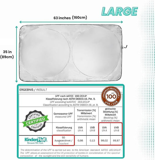 Windshield Sun Shade - Certified 99.87% UVB & 99.02% UVA Protection Car Sun Shade. Award Winning Sunshade for Car Windshield with Patented Technology. Size L 60"x30" Car Window Shades by Kinder Fluff