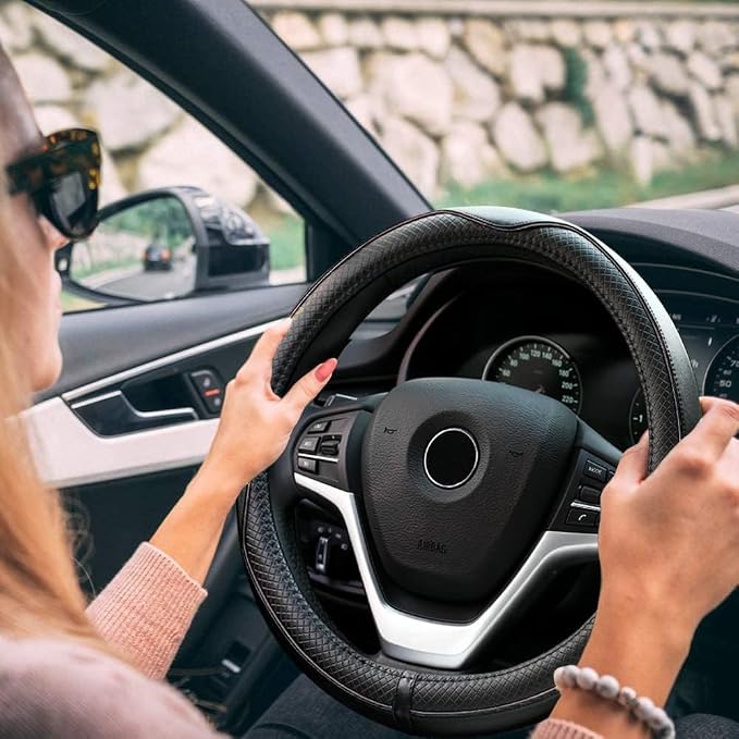 Rueesh Microfiber Leather Steering Wheel Cover Anti-Slip Matte Finish Auto Car Wheel Cover Universal 15 Inch Wheel Cover for Car Embossing Pattern Black Line