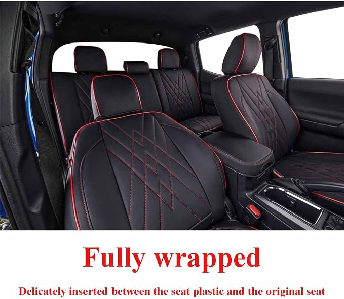 EKR Tacoma Front Seat Covers Custom Fit for Toyota Tacoma 2012 2013 2014 2015 (Regular Seats), Leather Truck Seat Cover for Car - Front Row Only,Faux Leather(Black with Red Trim)