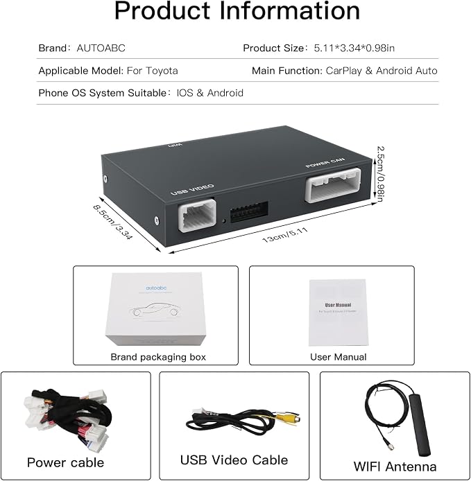 Wireless Carplay/Android Auto Adapter for Toyota with Entune2.0 & Touch2 2014-2019 New Version Retrofit Kit Decoder Fits for Tundra/Highlander/RAV4/Tacoma/Camry/Corolla/Avalon/Prius/CH-R/Sienna/Camry