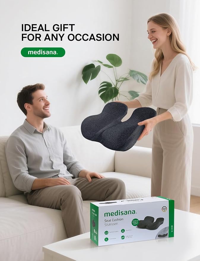 Medisana Seat Cushion, SC 200B Seat Cushions for Office Chairs, Car Seat, Wheelchair - Sciatica & Tailbone & Coccyx Pain Relief Pillow for Driver Sedentary People(Size:22.8 * 16.5 * 4.3 in-Black)