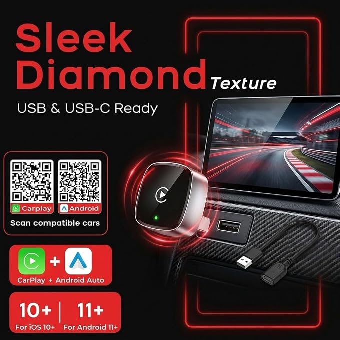 Mini Wireless CarPlay Adapter & Android Auto Adapter, Dual USB-A/Type-C Plug & Play, Ultra-Low Latency Fast Pairing, Compatible with 1500+ Cars & iPhone/Android