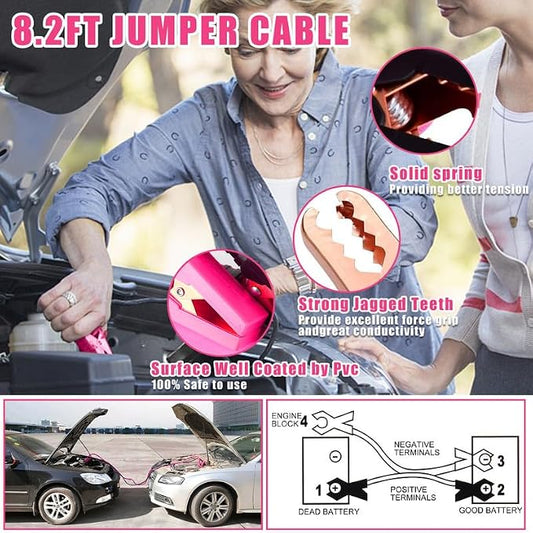Car Emergency Kit, Pink Roadside Emergency Car Kit with Jumper Cables, Tow Rope, Safety Hammer, Pink Car Accessories for Women