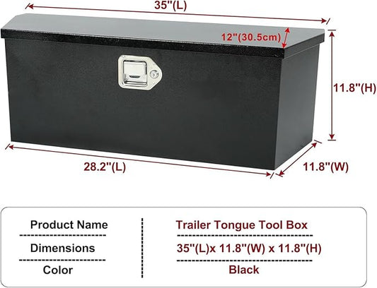 35 Inch Trailer Tongue Tool Box, Steel Storage Truck Tool Box, 35" x 11.8" x 11.8" Tool Chest Organizer w/Lock and Keys For Pickup,Truck Bed, RV, Trailer,Heavy Duty Waterproof Black Toolbox