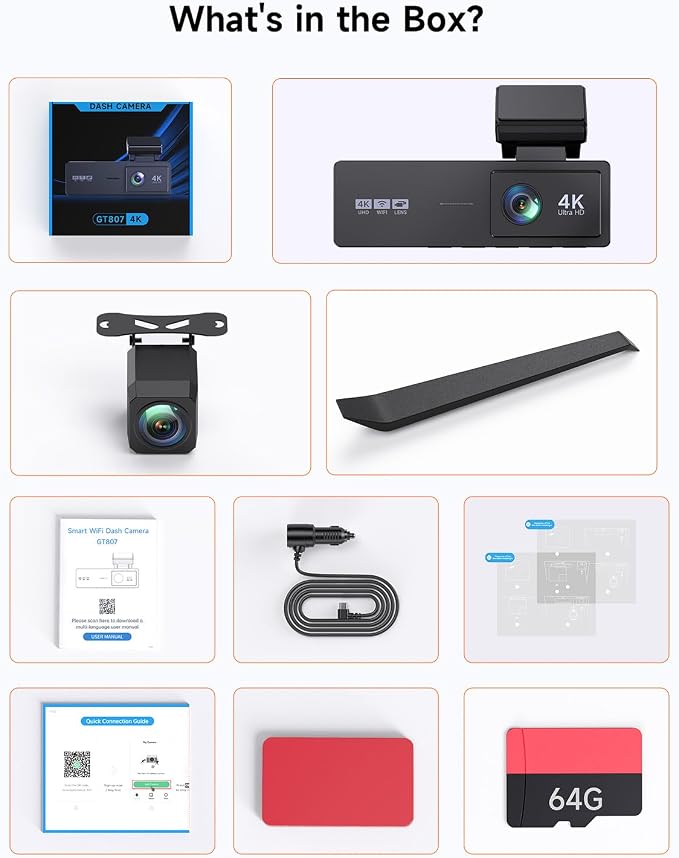 4K 3 Channel Dash Cam Front and Rear,4K+2.5K+1080P Dash Camera for Cars Inside,3.2" Screen Dash Camera for Cars, WiFi APP Control,4 IR Night Vision, G-Sensor, 24H Parking Mode, 64GB SD Card Included