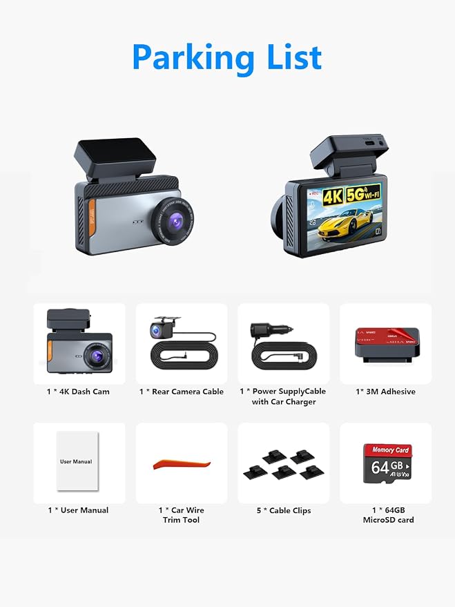 4K Dual Channel Dash Cam Front and Rear, Free 64GB Card Included, 5.8GHz WiFi Dash Camera for Cars, Built-in GPS, G-Sensor, 170°Wide Angle, 3" IPS Screen, 24H Parking Mode, Support 512GB Max