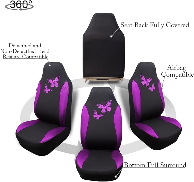 Flying Banner Butterfly car seat Covers ful Set Fashion Universal Lady Woman Female Rear Bench Split Colorized (2 Fronts, Purple)