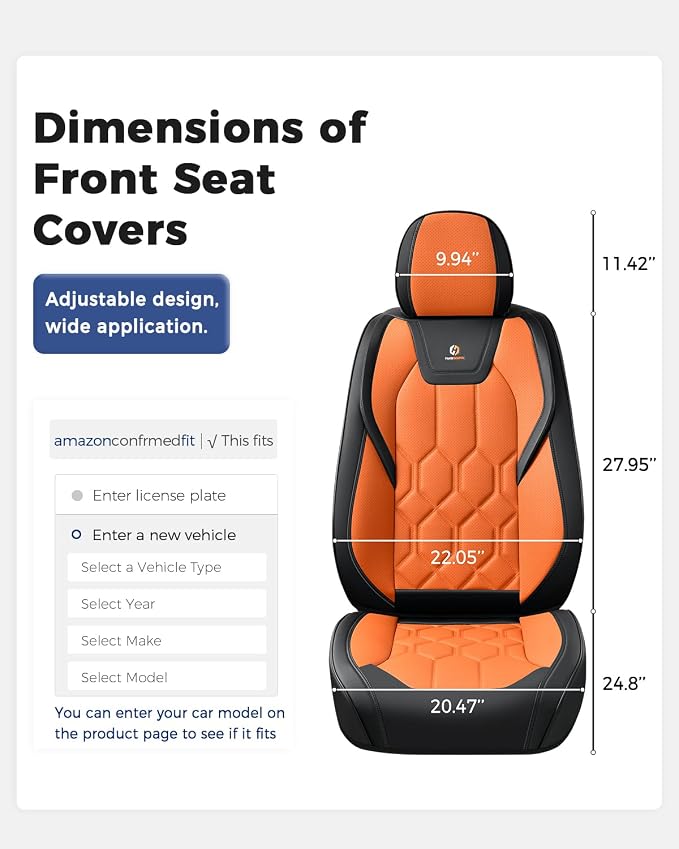 Huidasource Front Seat Covers, Universal Fit for Most Cars SUV Trucks, Full Coverage Leather Seat Cover, Airbag Compatble, Seat Function Retain, Storage Pocket Design, Easy to Install, Black & Orange