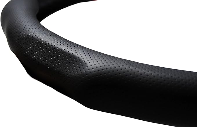 Quick Install Sporty Perforated Nappa Leather Steering Wheel Cover with Blue Top Stripes Universal fit 14 ½ to 15 inches Car SUV Pickup Steering Wheel