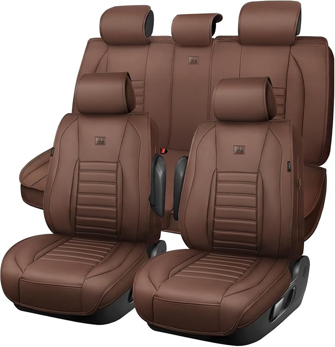 CAR PASS Nappa Leather Car Seat Covers Full Set, Luxury Seat Protector for Cars, Waterproof Anti-Slip Seat Cushion Armrest Compatible Airbag Universal for Sedan SUV Pick-up Truck Auto,Brown