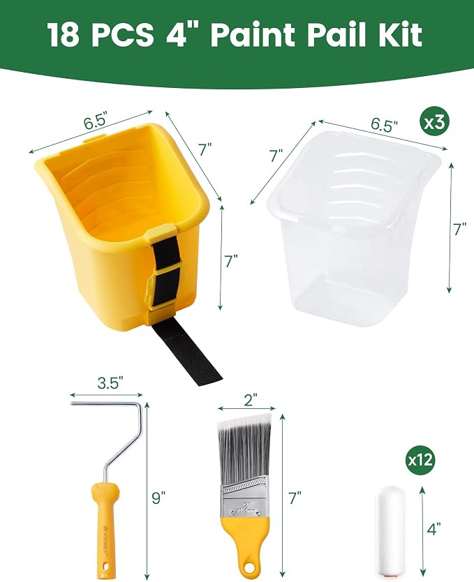 Voomey Paint Bucket Hand Held - Integrated Magnetic Brush Grip, Paint Cup with 4 Inch Mini Foam Paint Rollers, Paint Brush, Suitable for Decoration, Repairs, Small Paint and Coating Projects