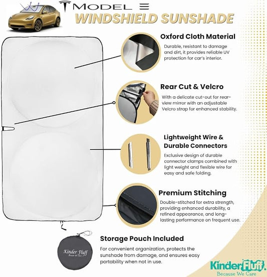Windshield Sun Shade Compatible for Tesla Model 3/Y | Certified 99.87% UVB & 99.02% UVA Car Sun Shade. Award Winning Sunshade - Patented Technology | Car Shades by Kinder Fluff