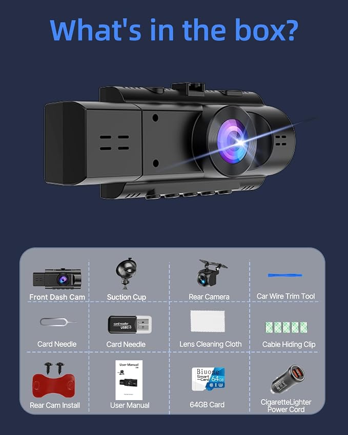 3 Channel Dash Cam Front and Rear Inside with 64GB SD Card, 1080P+720P+720P Car Dash Camera for Cars Front and Rear, Dashcam with G-Sensor, Loop Recording, 24H Parking Mode, Night Vision