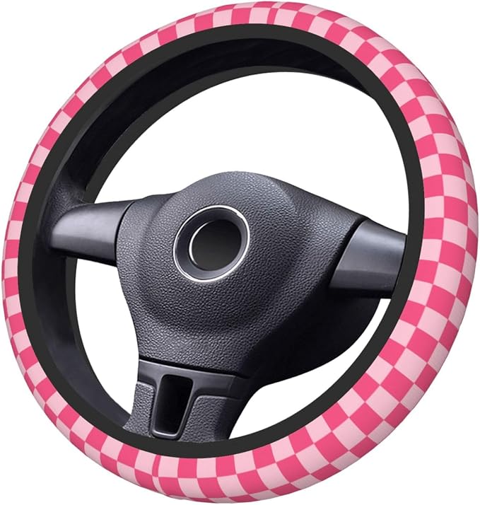 Hot Pink Checkered Steering Wheel Cover for Women, Universal Auto Steering Wheel 14-15 Inch Car Interior Accessories with 2PCS Car Coasters, Suitable for Men and Women