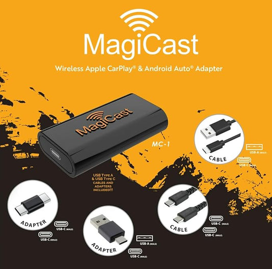 Power Acoustik MagiCast Wireless CarPlay & Android Auto Adapter – Plug & Play Dongle Converts Wired Car Stereos to Wireless – Universal Fit, Fast Auto-Pairing, USB Connection