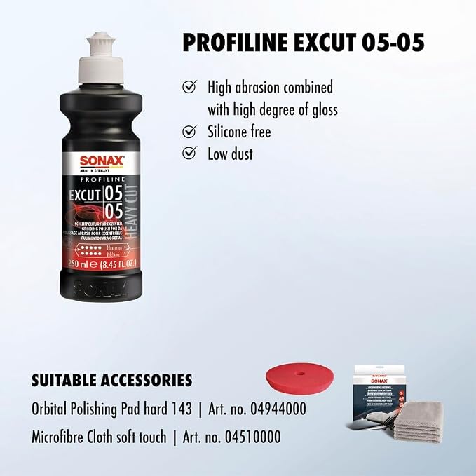 SONAX Profiline ExCut 05-05 | Heavy Cut Compound for Deep Scratch & Swirl Removal | High-Gloss Finish | Removes P1500 Sanding Marks, Scratches & Etching | Silicone-Free & Low Dust | 245141 | 250ml
