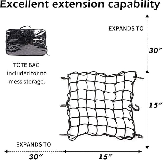15"x15" Motorcycle Cargo Net Stretches to 30"x30" with 6 Hooks 2''x2'' Mesh for Motorcycle Motorbike Bikes