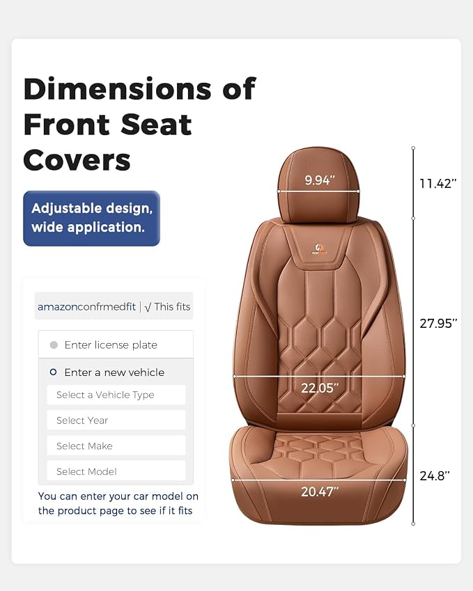 Huidasource Front Seat Covers, Universal Fit for Most Cars SUV Trucks, Full Coverage Leather Seat Cover, Airbag Compatble, Seat Function Retain, Storage Pocket Design, Easy to Install, Brown