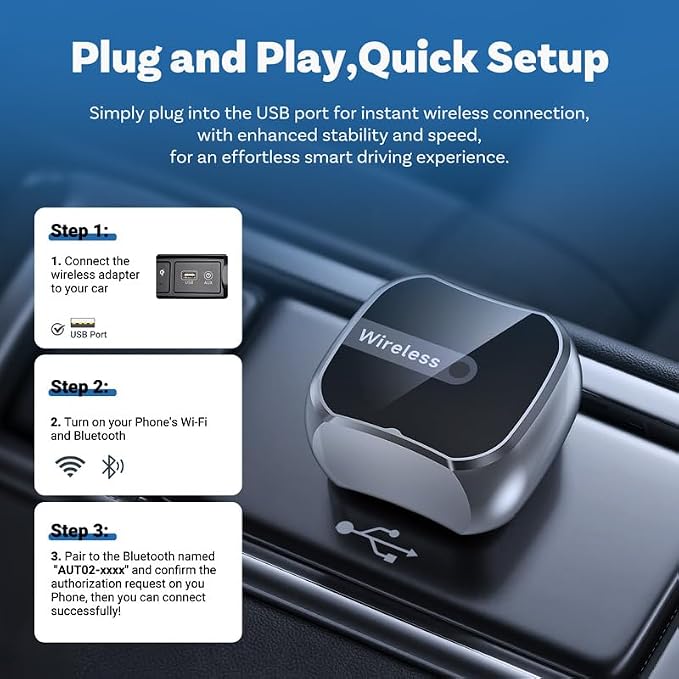 Upgraded Wireless CarPlay Adapter for OS 10+ or Android 11, Mini Wired to Wireless Adapter for CarPlay &Android Auto, Plug and Play, Stable Connection & No Latency