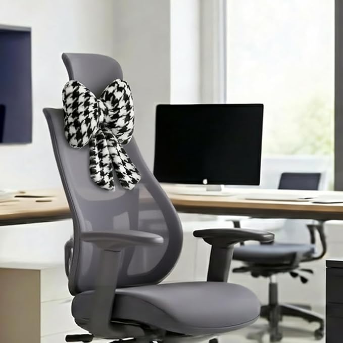 Sexysamba 2 Pcs Plush Bow Car Headrest Neck Pillow Cute Bow Pillow for Car Seat Décor Soft Neck Support for Comfortable Driving Traveling Office Fluffy Head Rest Cushion, Black Houndstooth