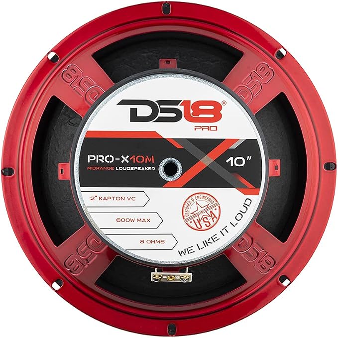 DS18 PRO-X10M Loudspeaker - 10", Midrange, Red Steel Basket, 600W Max, 300W RMS, 8 Ohms - Premium Quality Audio Door Speakers for Car or Truck Stereo Sound System (1 Speaker), Classic