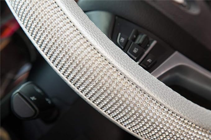 New Diamond Leather Steering Wheel Cover with Bling Bling Crystal Rhinestones, Universal Fit 15 Inch Car Wheel Protector for Women Girls Silver