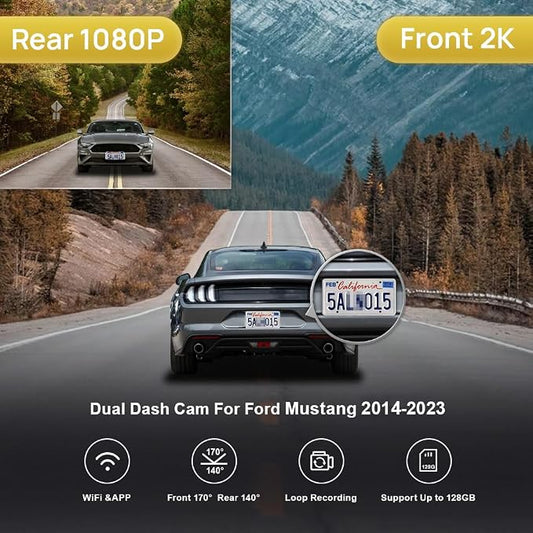 Fitcamx Front 2K+Rear 1080P Dash Cam Adapts for Ford Mustang 2019-2023 (HD2-0141/ with Sensor Cover), OEM Factory Style, 2 Way HD Video, WiFi & APP, Loop Recording, G-Sensor, Easy to Set, 64GB Card