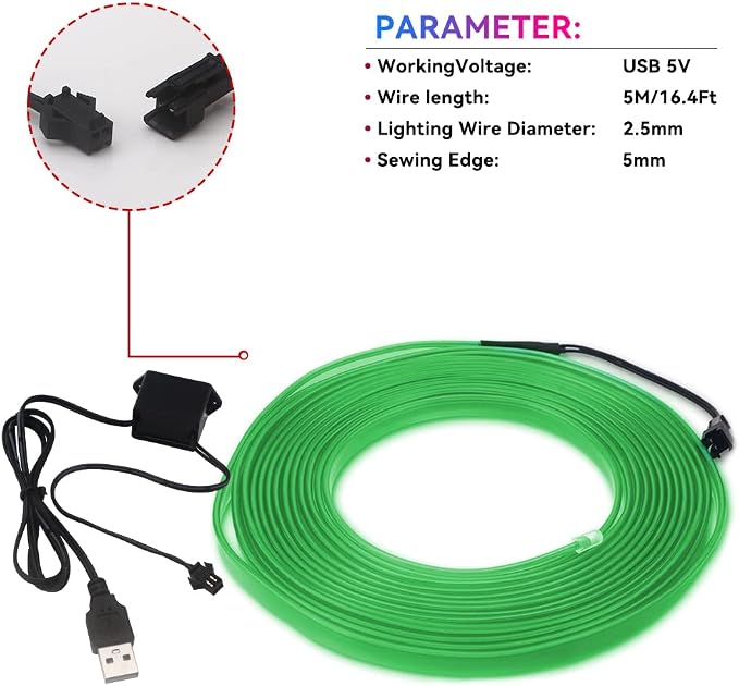 El Wire Lights for Car, Green El Wire Car Interior Neon Lights 16FT/5M Car Led Strip Light Interior USB 5V for Car Garden Party Decoration