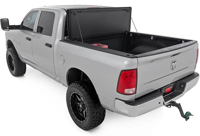 Rough Country Hard Flip Up Truck Bed Tonneau Cover for Dodge Ram 1500 (2009-2018) & 2500 (2010-2025) - Aluminum Tri-Fold Bed Cover, Fits 6'4 (76.3") Bed