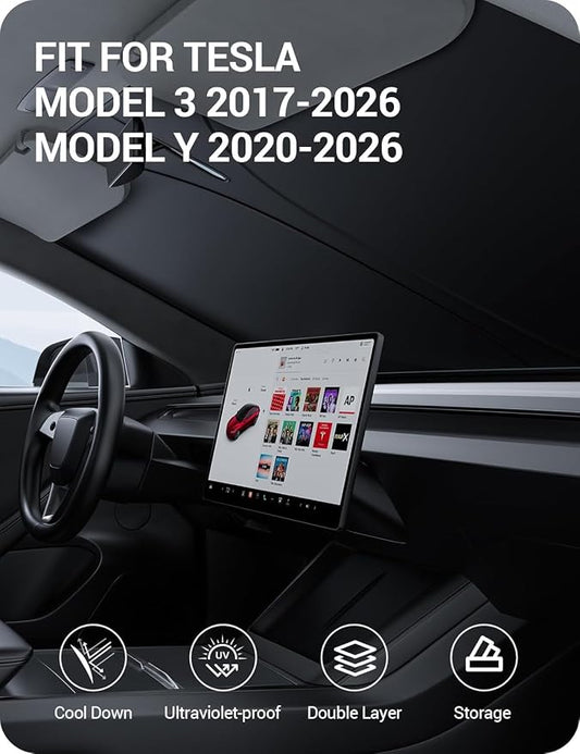 BASENOR 2017-2026 Tesla Model Y Model 3 Windshield Sunshade, (Proprietary Design) Folding Front Window Sun Shade Full Cover, Heat UV Protection Visor Accessories