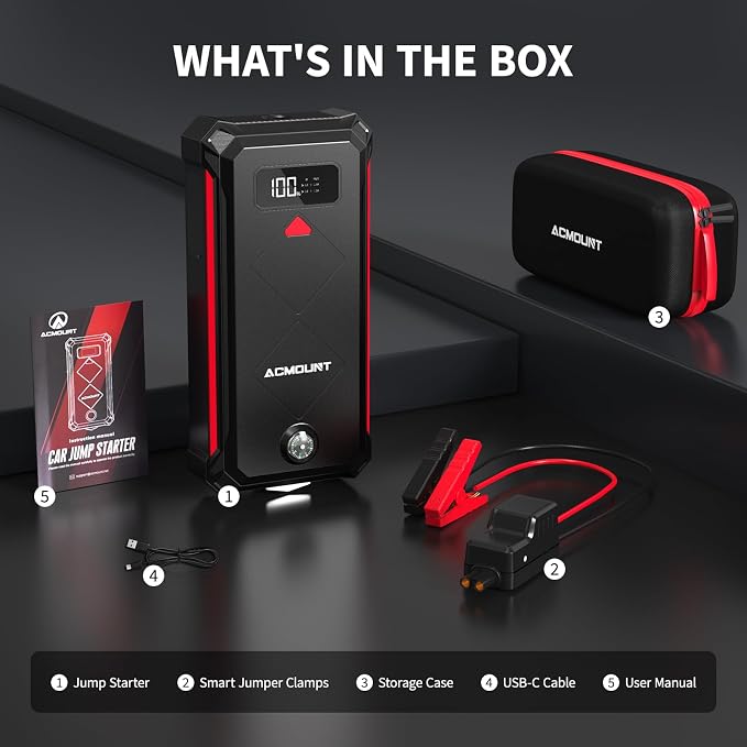 Acmount P100 Car Jump Starter, 5000A Peak Lithium Jump Starter Battery Pack for Up to 10.0L Gas or 8.0L Diesel Engine, Safe 12V Portable Battery Starter Power Pack with LED Screen & LED Light