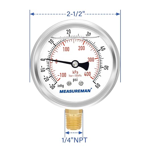MEASUREMAN 2-1/2" Dial Size, Glycerin Filled Pressure Gauge, 30inHG-60psi, 304 Stainless Steel Case, 1/4" NPT Lower Mount