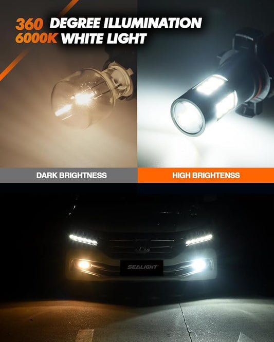 SEALIGHT 5202 LED Fog Light Bulbs, 6000K Xenon White, 27 SMD Chips DRL Bulbs, 5202 5201 PS19W PS24W 9009 LED Fog Light, Pack of 2