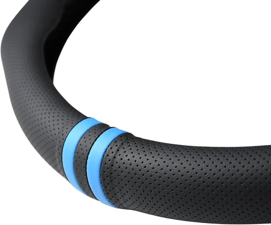 Quick Install Sporty Perforated Nappa Leather Steering Wheel Cover with Blue Top Stripes Universal fit 14 ½ to 15 inches Car SUV Pickup Steering Wheel