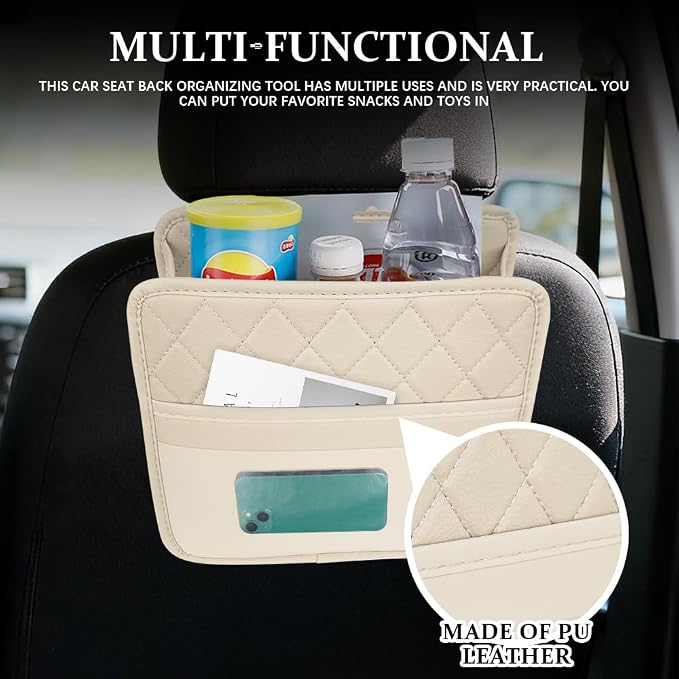 Car Seat Back Organizer, Leather Backseat Hanging Storage Bag, Multipurpose Car Hanging Trash Bag with 2 Compartments, Car Large Capacity Pouch Pocket for Kids & Adults (Beige/Transparent Bag)